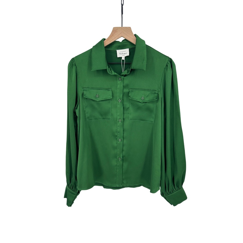 Bohme Top Womens M Green Button Front Utility Pocket Textured Blouse Work NWT